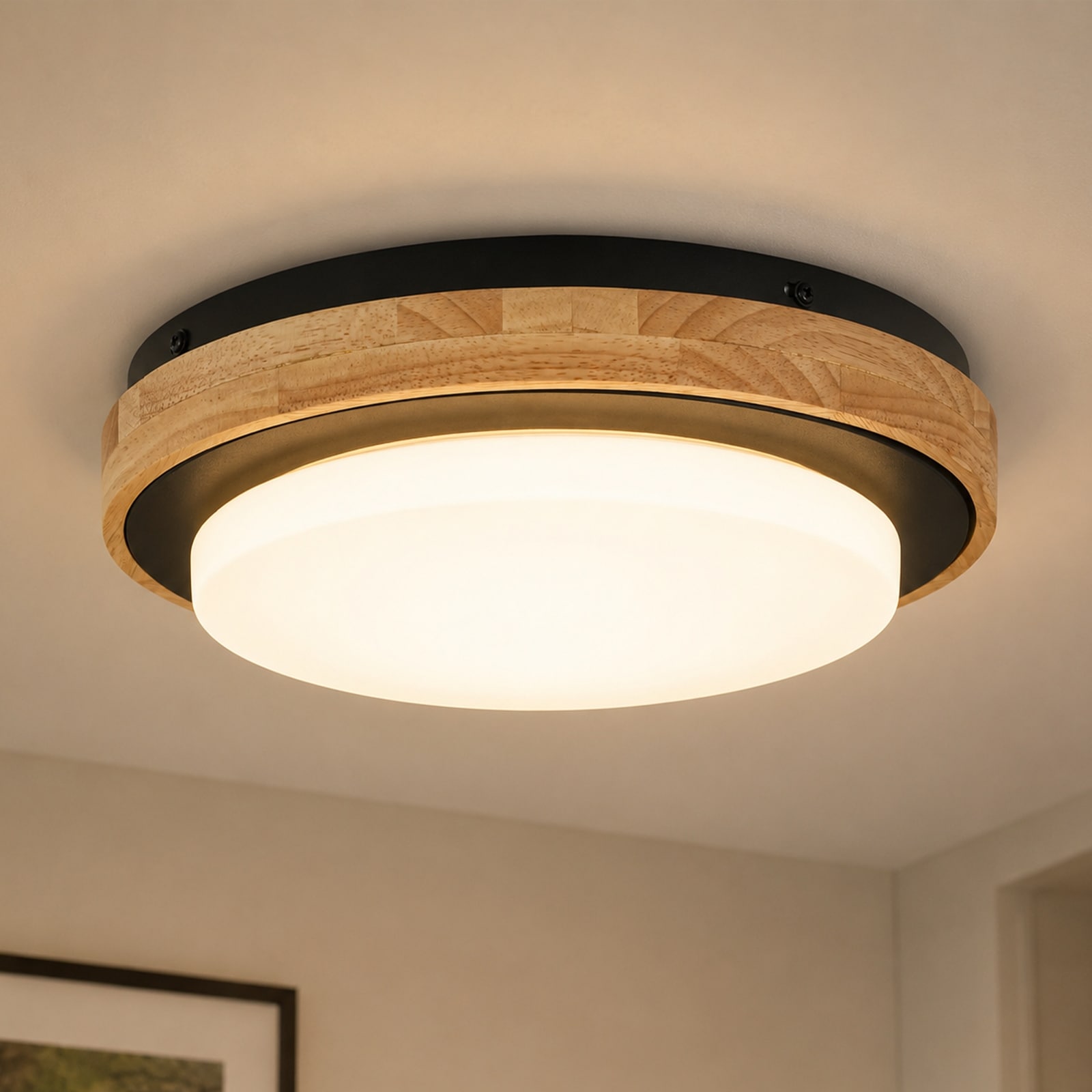 22W Farmhouse Minimalist Satin Black Wooden Circle 5-CCT Selectable Dimmable LED Flush Mount Ceiling Light for Bedroom