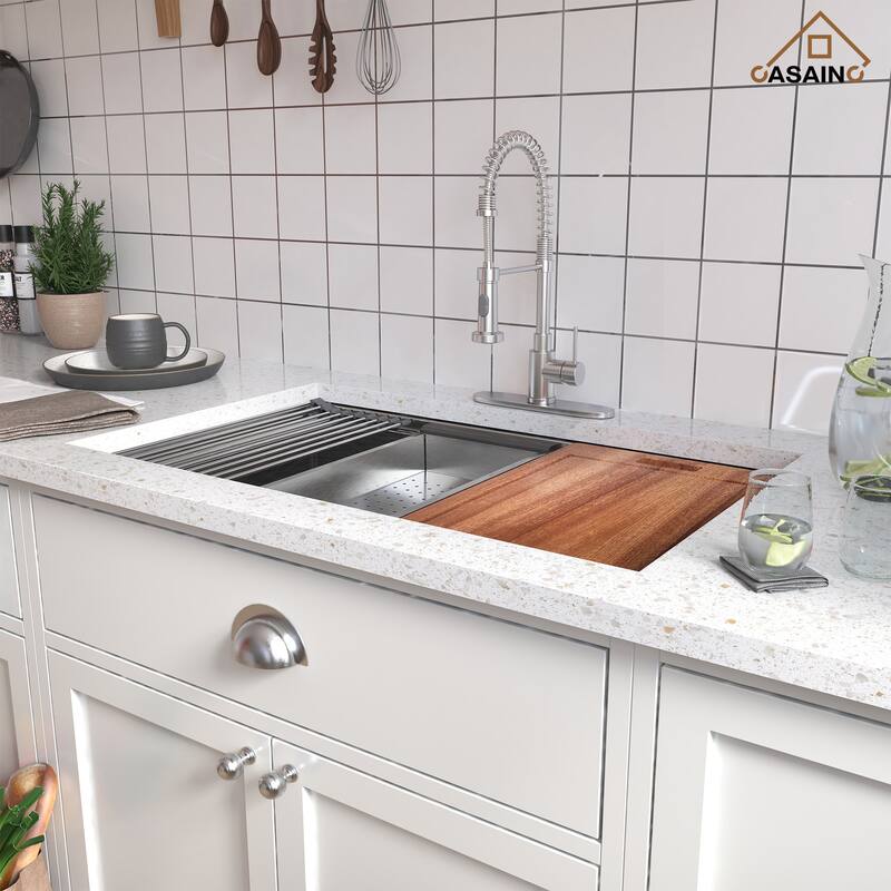 Undermount Single Bowl 18 Gauge Brushed Stainless Steel Workstation Kitchen Sink with Sliding-Accessories