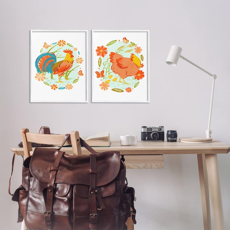 Stupell Rooster & Hen with Florals Framed Giclee Art Design By Hannah Moren (Set of 2)