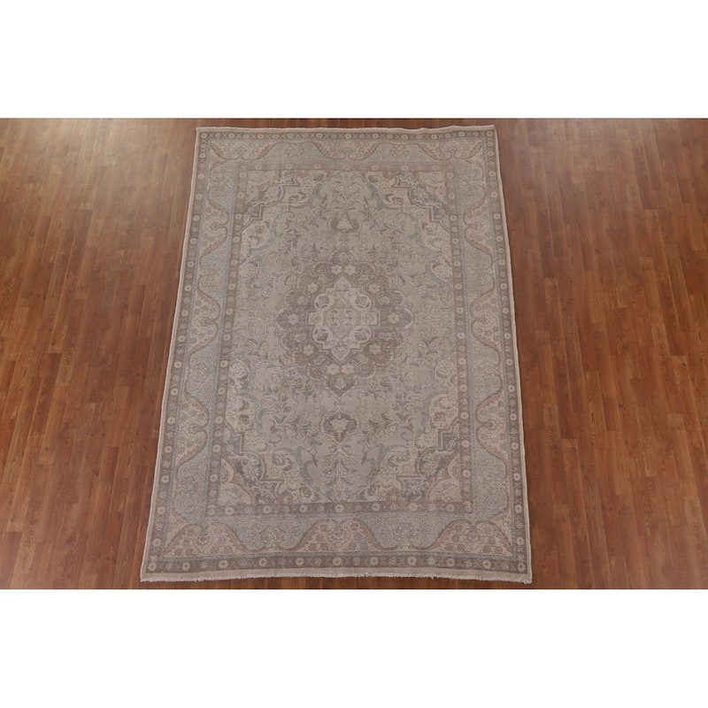 Grey Distressed Tabriz Persian Antique Rug Hand-knotted Wool Carpet - 6'5" x 9'4"