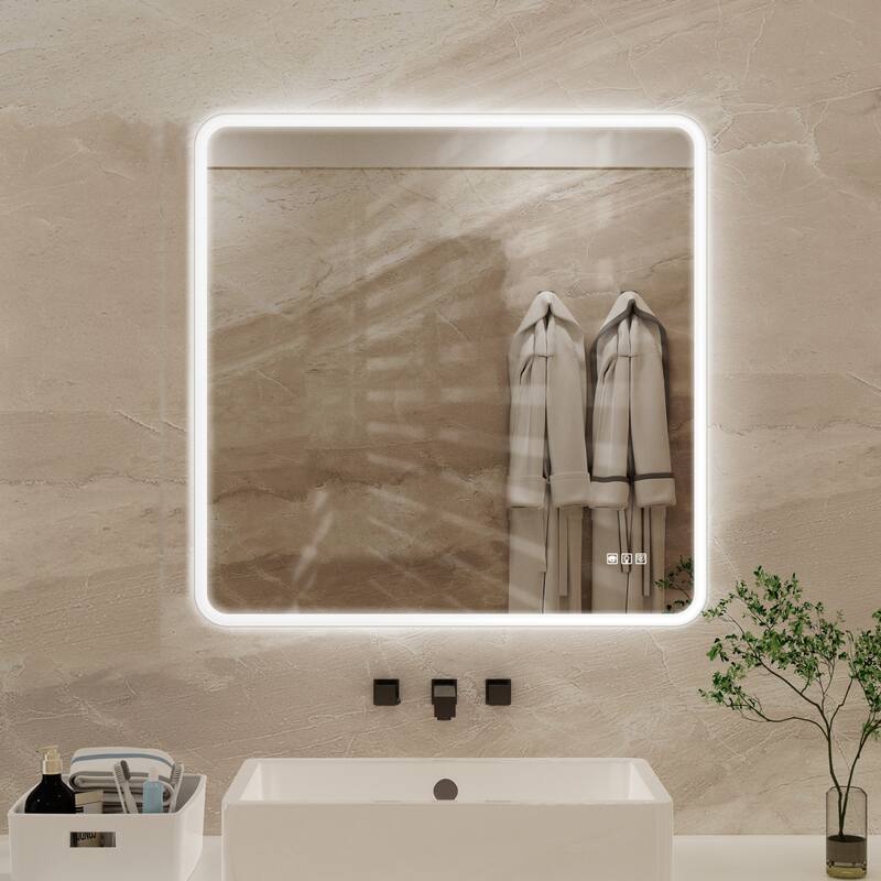 Anti-Fog LED Bathroom Vanity Mirror, Lighted Rectangular Mirror with Memory Function and White Iron Frame