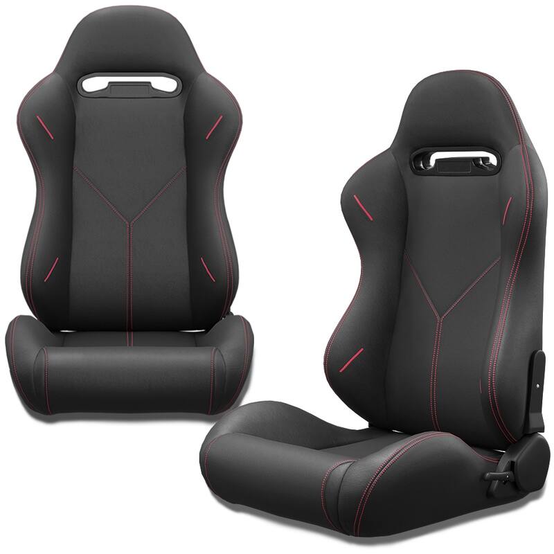 2PC Bucket Racing Seats Red Stitch Red Reclinable Leather Back,Adjustor Slider,Not Including Seat Bracket,1 box of 2 pieces