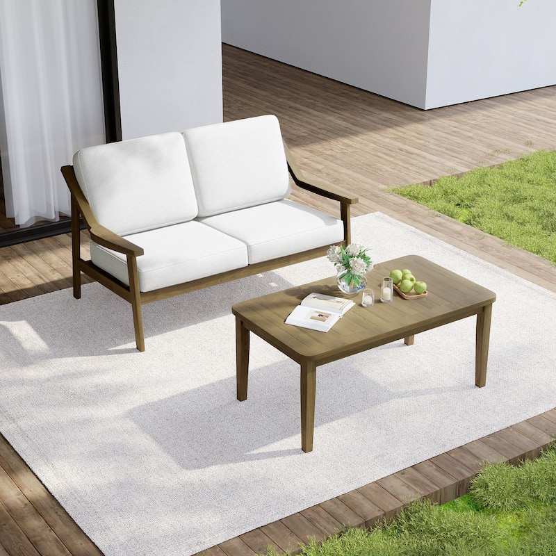 Outdoor Wood Teak Cushioned Patio 2 Seater Loveseat with Coffee Table