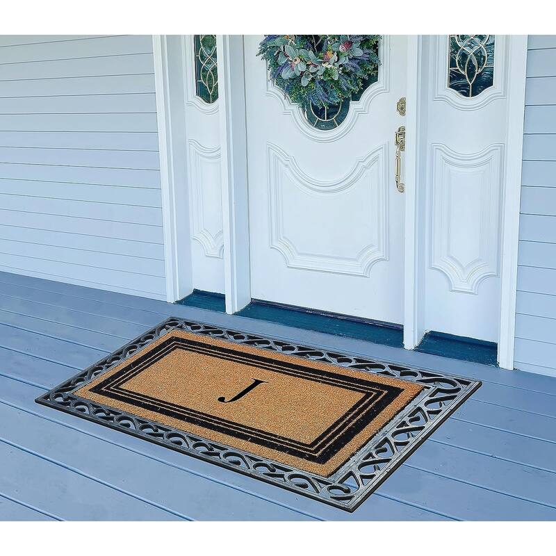 A1HC Natural Coir & Rubber Monogrammed Entrance Door Mats, Non-Slip, Flock Doormat, Thin-Profile Indoor Outdoor Doormat 24"x36"