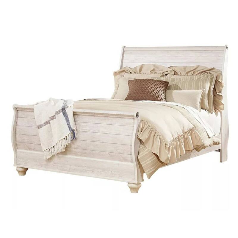 Isla Queen Sleigh Bed, Faux Planks, Carved Metal Accent, Whitewash Wood