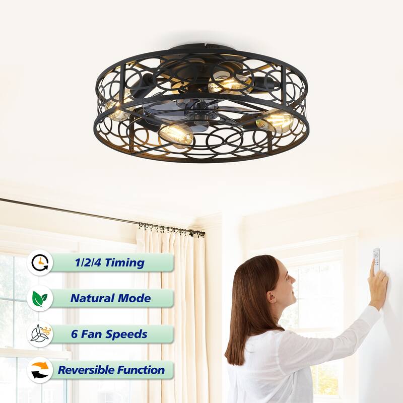 20 inch Flush Mount Ceiling Fan Light with Remote Caged Farmhouse Fandelier Black Wood Low Profile