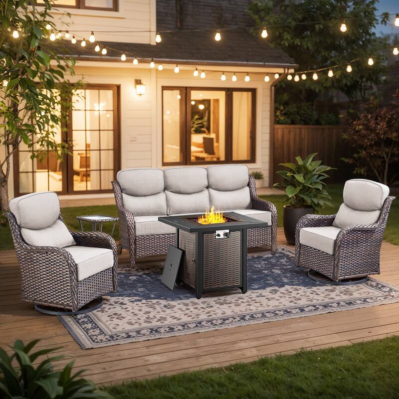 Pocassy 30 Inch Fire Pit Table with Sofa Swivel Chair Set - Beige Cushion Brown Wicker - 5-Piece Sofa Siwvel Chair Table w/ Fire Pit Table