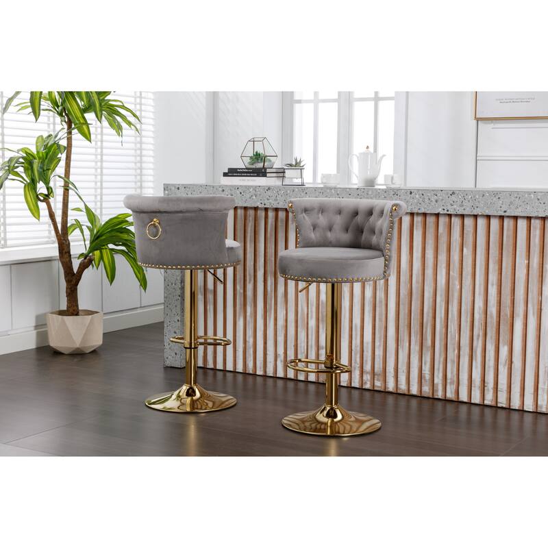 Set of 2 Adjustable Counter Height Swivel Bar Stools with Footrest - Grey+Gold