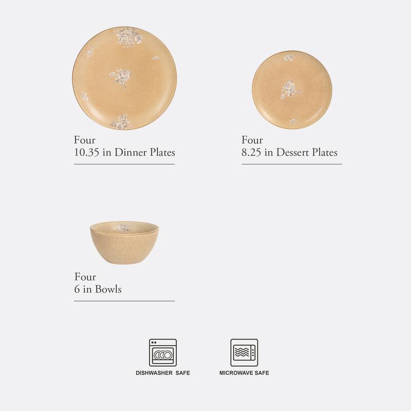 Gibson Elite Valencia Bloom 12 Piece Plates and Bowls Dinnerware Set - Taupe with Floral Decal - Microwave and Dishwasher Safe