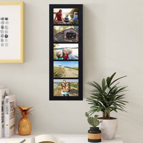 Adeco Decorative Black Wood Wall Hanging Picture Frame with 5 Divided 4x6-inch Openings