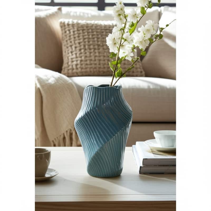 Ceramic Decorative Vase with Ribbed Texture Sculptural Hollow Design
