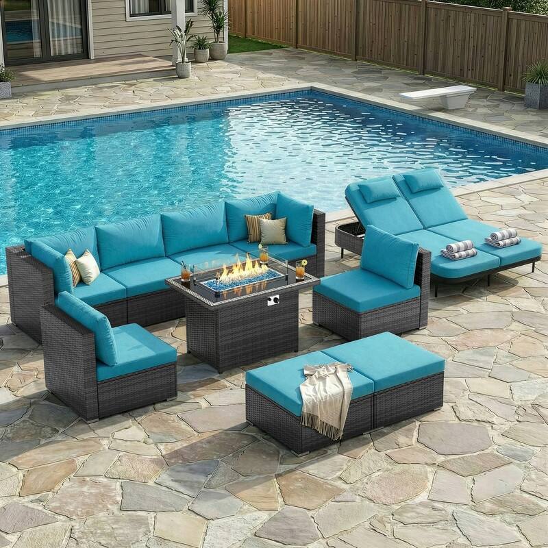 Outdoor Sectional Conversation Set PE Wicker with Double Chaise Lounge, 60,000 BTU Fire Pit Table - 10-Piece/Ottoman - Teal