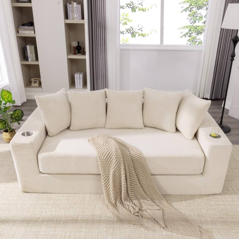 2-in-1 Convertible Sleeper Sofa, Floor Folding Couch, Sofa Bed with Side Pocket, Pull Out Loveseat with Cup Holders