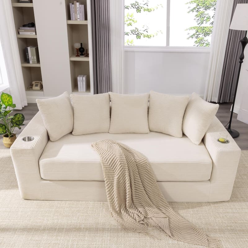 Convertible Corduroy Sleeper Loveseat Sofa Bed 3 Seater Floor Folding Couch with 5 Pillows, Cup Holders and Side Pockets