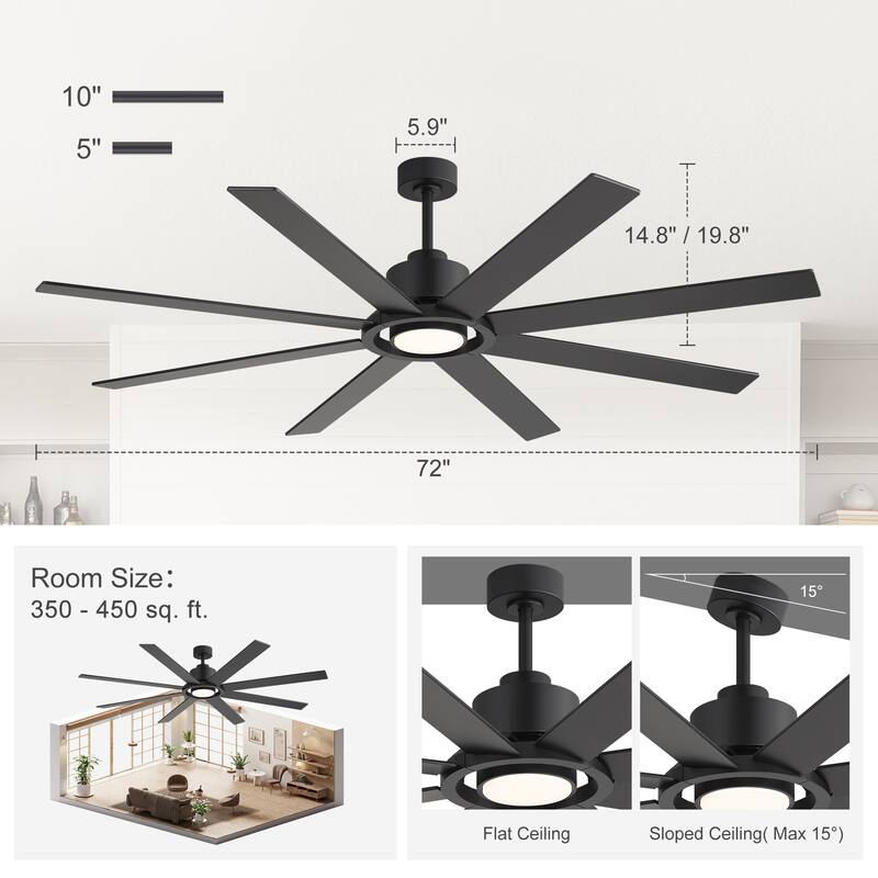 72 Inch 8-Blade Large Ceiling Fan with Dimmable LED Light and Remote