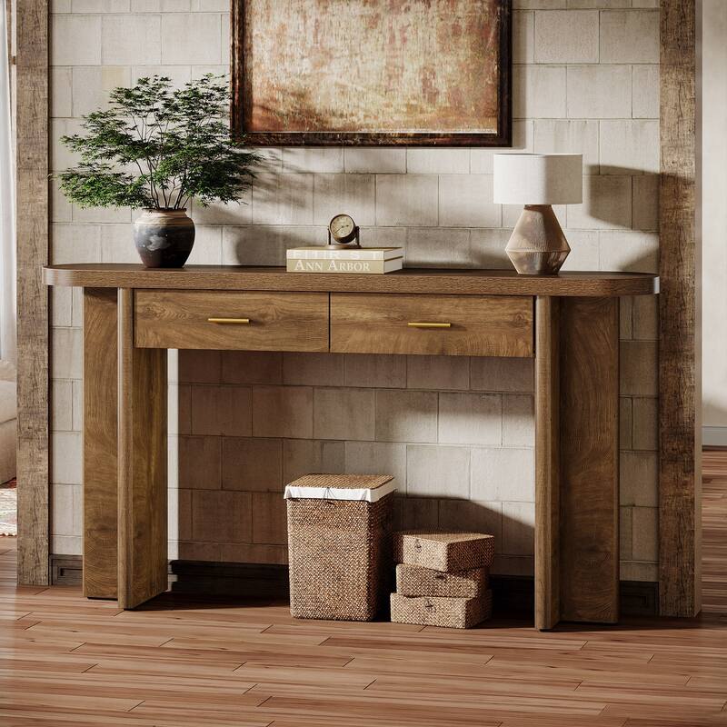 63-Inch Console Table with 2 Drawers, Farmhouse Curved Entryway Table