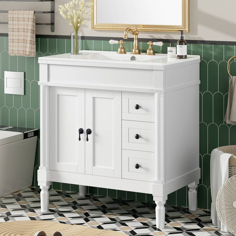 30" Elegant Bathroom Vanity Set with Ceramic Sink - Solid Wood & MDF, 2 Doors & 3 Drawers, Soft-Close, Adjustable Shelf