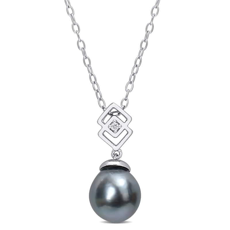 Miadora White Topaz and 8-9mm Black Tahitian Cultured Pearl Fashion Pendant with Chain Silver