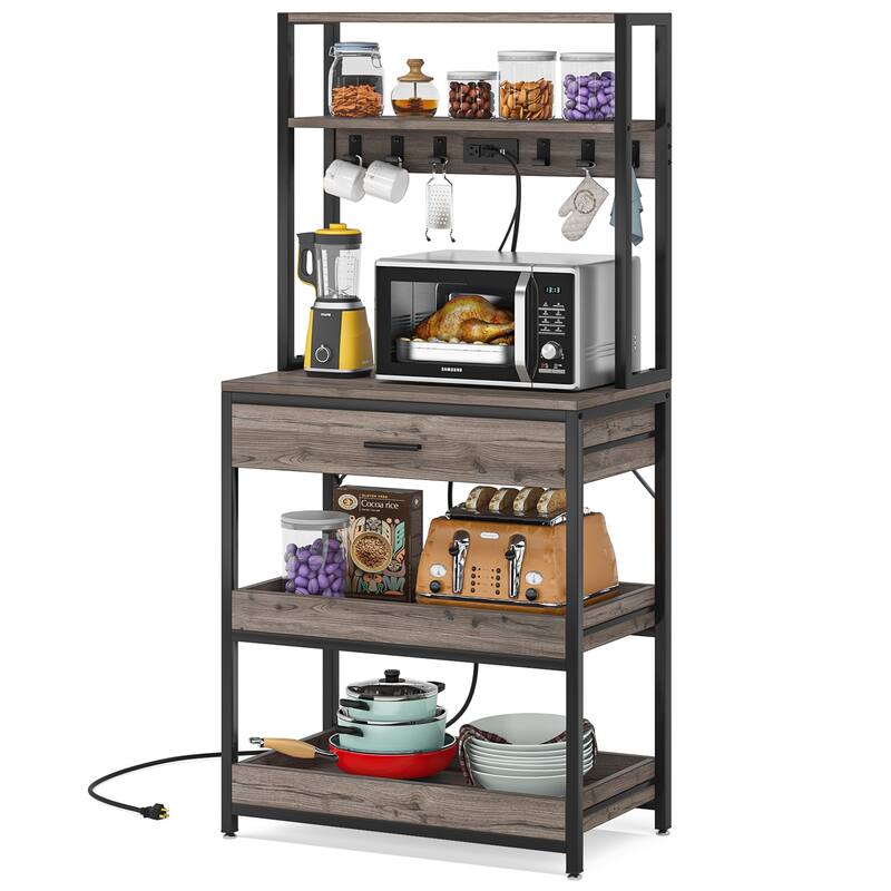 5-Tier Kitchen Bakers Rack with 4 Power & USB Outlets, Microwave Stand with Drawers and Shelves