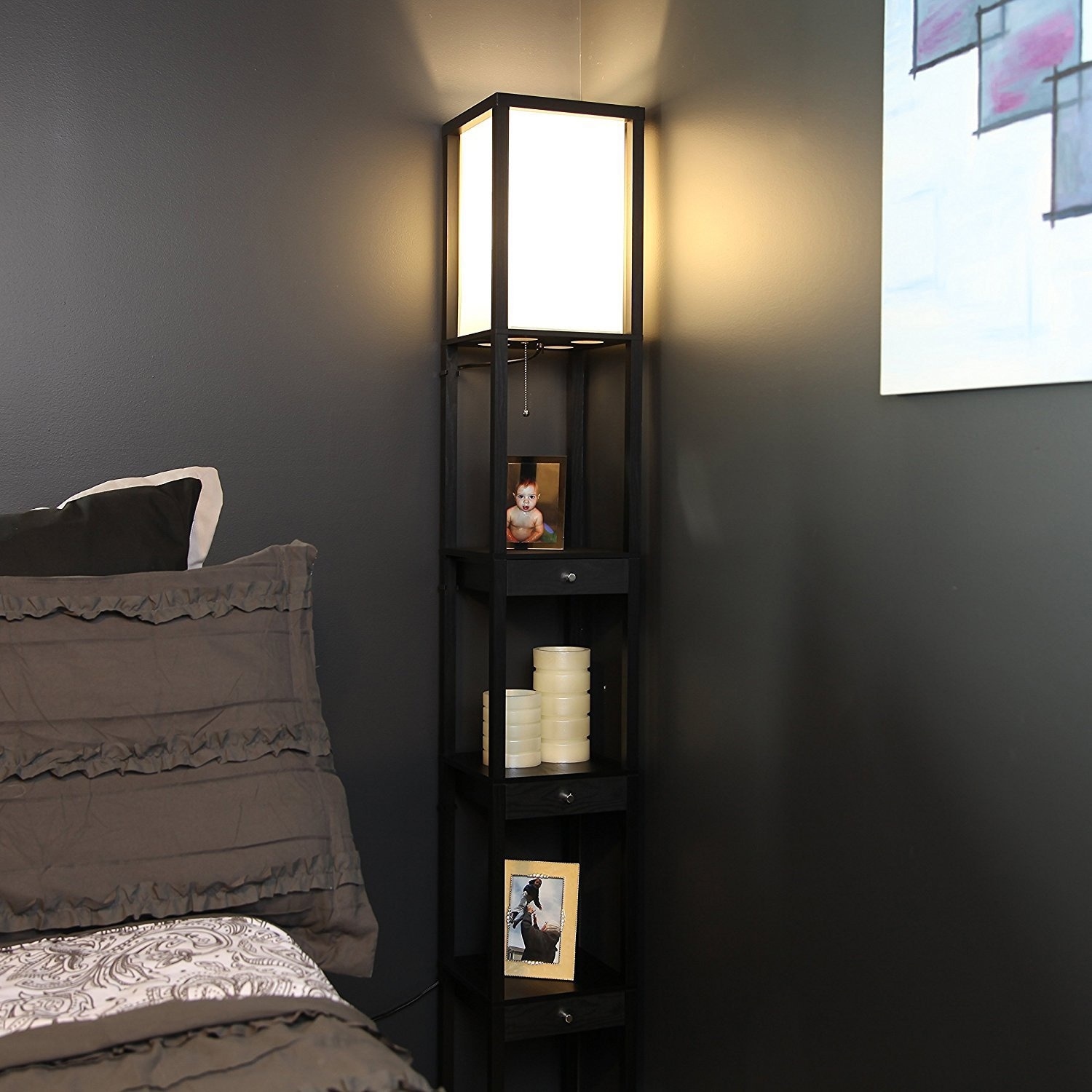 Brightech Maxwell 72 in. Traditional LED Super Bright 3-Drawer Floor Lamp with Beige Fabric Square Shade