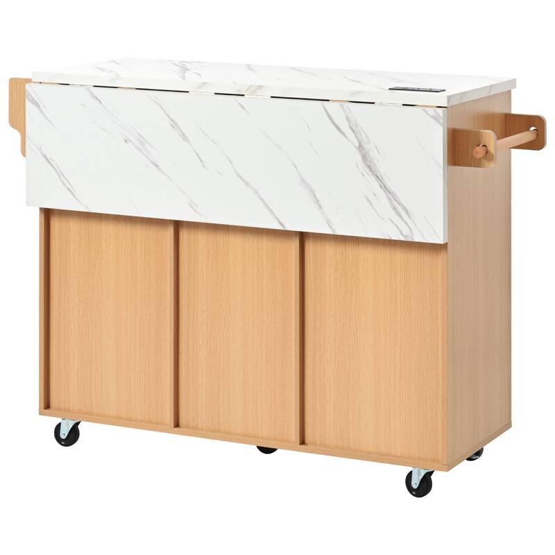 Fluted Kitchen Island with Drop Leaf, Power Outlet, Adjustable Shelves, 2 Doors and 2 Drawers, Rolling Kitchen Storage Cart
