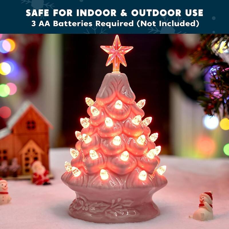 7" Pink Ceramic Christmas Tree, Prelit Tabletop Christmas Tree with Extra Clear Top Star & Bulbs