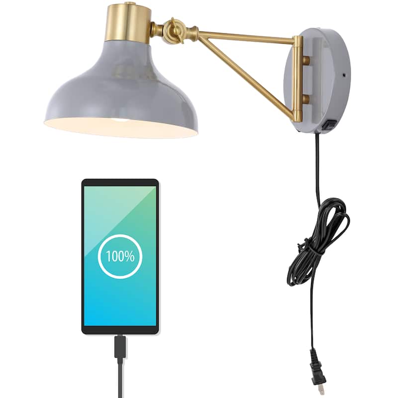 Lisa Swing Arm 1-Light Modern Midcentury Iron USB Charging Port LED Sconce, by JONATHAN Y