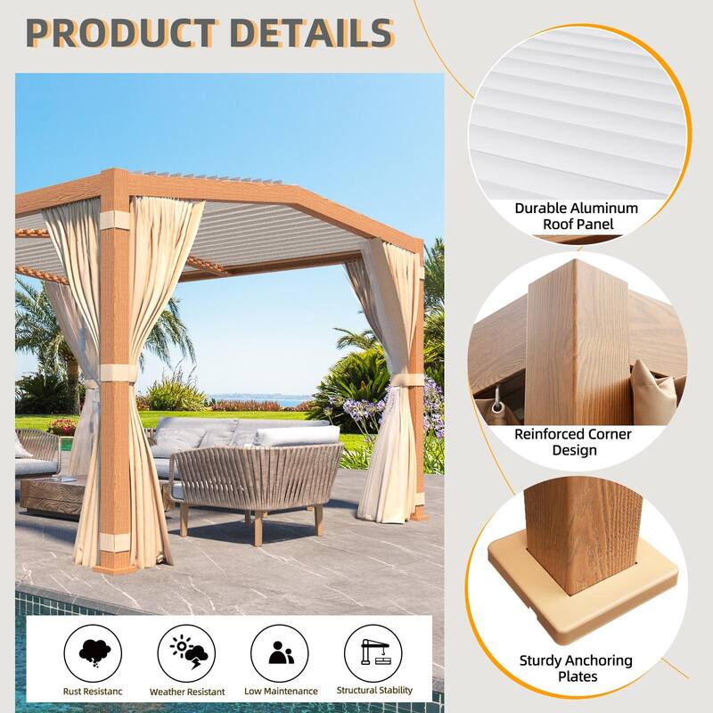 EROMMY Outdoor Louvered Pergola Gazebo with Adjustable Aluminum Rainproof Roof and Pull-Down Screen