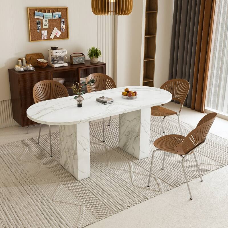 62.9" Oval Marble Top Kitchen Dining Table with Wood Strip Base and Waterproof Scratch Resistant Surface