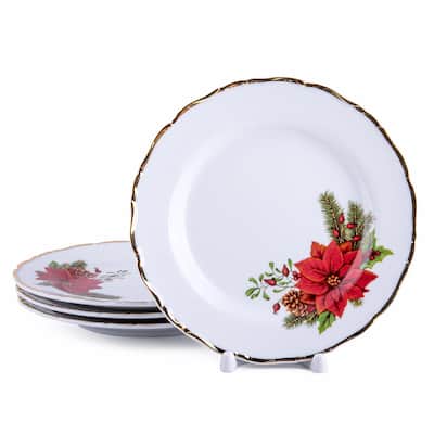 Red Poinsettia Bohemian Porcelain Dessert Plates Set of 4 - 7.5"