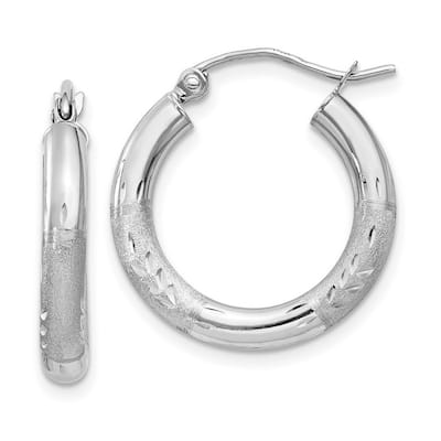Curata 14k White Gold Satin and Sparkle Cut Round Hoop Earrings - 3mm 20x20mm