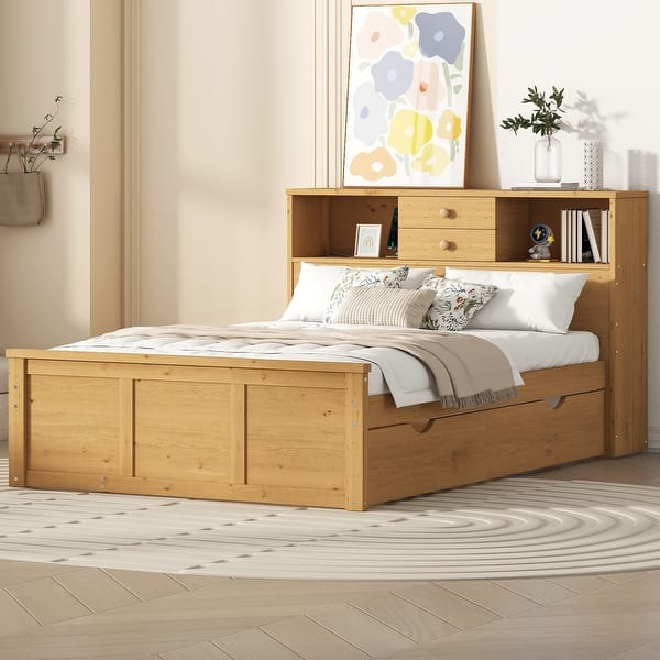 slide 2 of 15, Full Size Bed with Trundle, USB Ports & Storage - Sleek Natural Finish