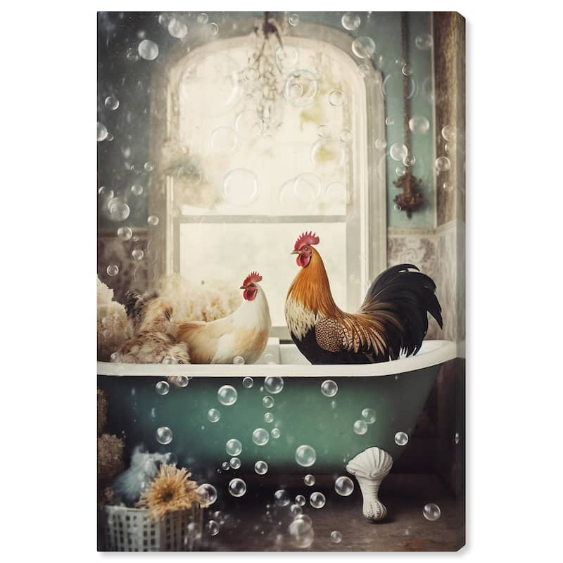 Wynwood Studio Canvas Animals Bubble Bath Coop White and Teal Traditional Wall Art Canvas Print - White, Blue