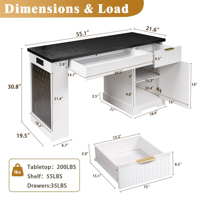 55" Modern Office Desk with Storage, Power Outlet, Pegboard & Keyboard Tray