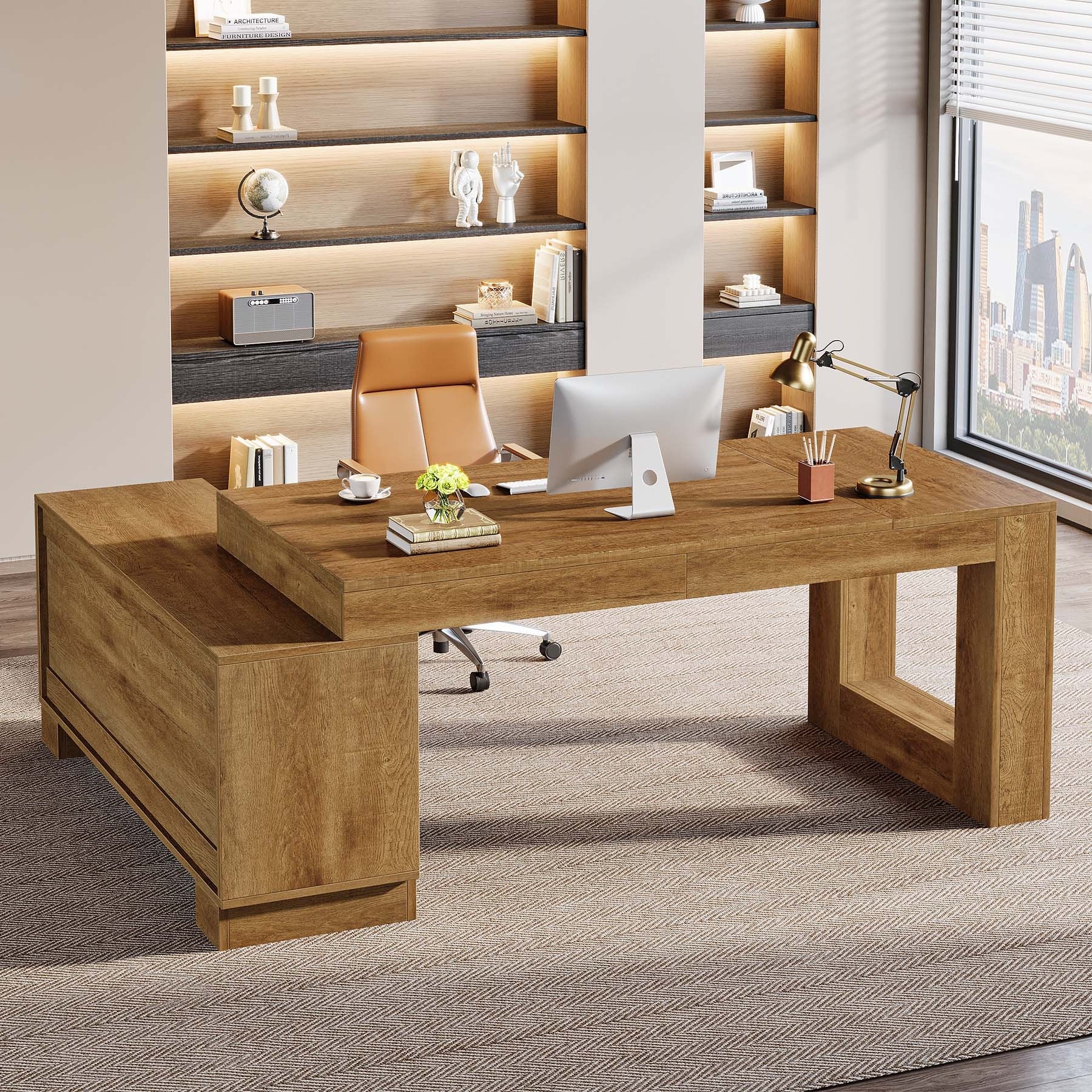 つくえ L Shaped Executive Desk with Storage Cabinets and 2-Tier Shelf
