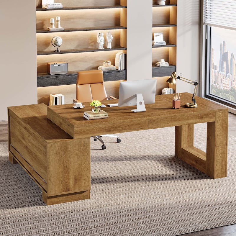 L Shaped Executive Desk with Storage Cabinets and 2-Tier Shelf