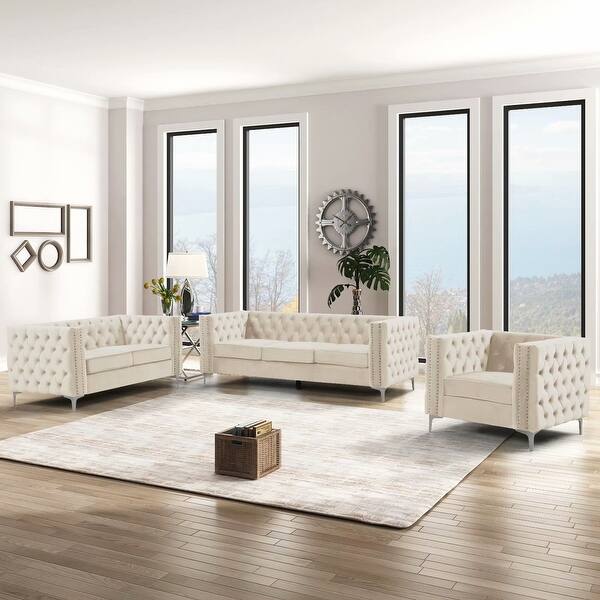 2 Piece Velvet Upholstered Sofa Sets, 3 Seat Couch Set Furniture