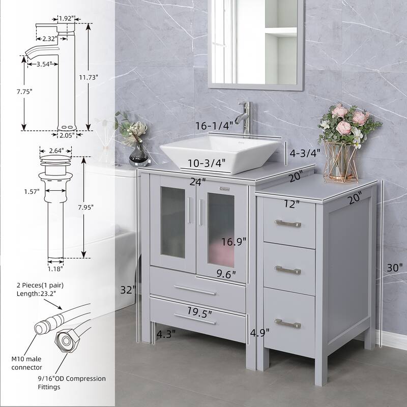 36" Bathroom Vanity Sink Gray Set with Side Cabinet Vessel Sink Faucet Combo