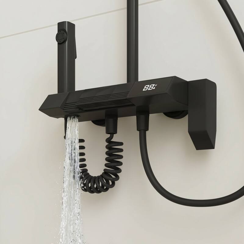 Shower Panel System with LED Digital Display, 4-Button Piano Key Control, 3-Mode Handheld & Rainfall Shower Head