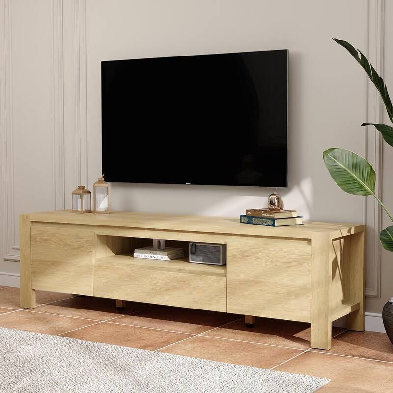 55" Farmhouse TV Stand Entertainment Center with Doors and Cabinets - Beige