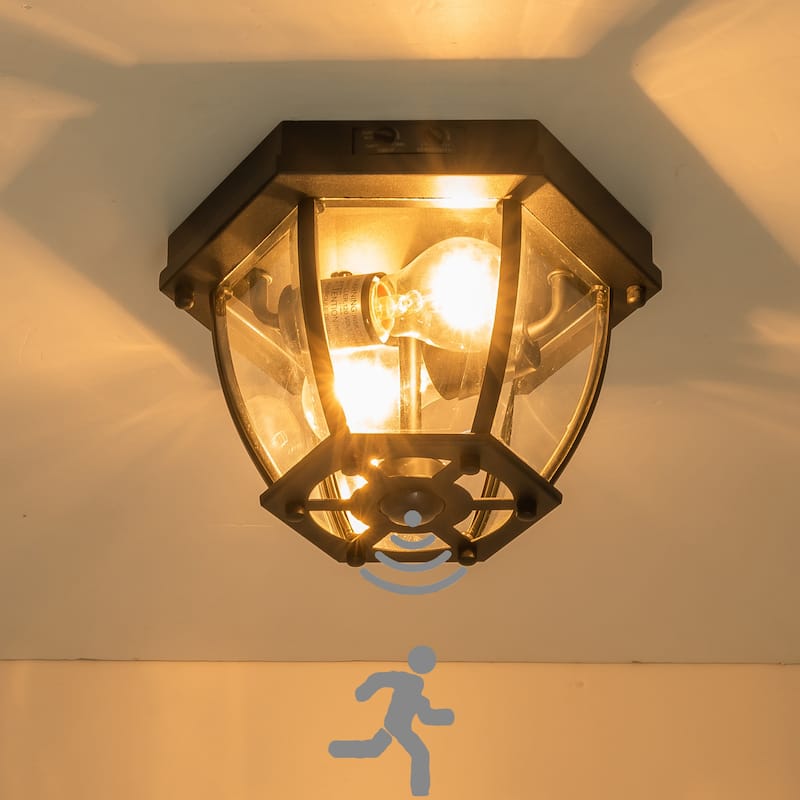 C Cattleya 2-Light Matte Black Motion Sensor Outdoor Flush Mount Ceiling Light