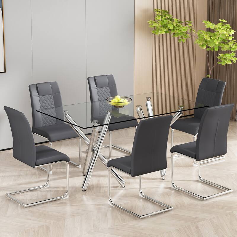Faux Leather Padded Seat Upholstered Dining Chair with Metal Legs,Set of 6