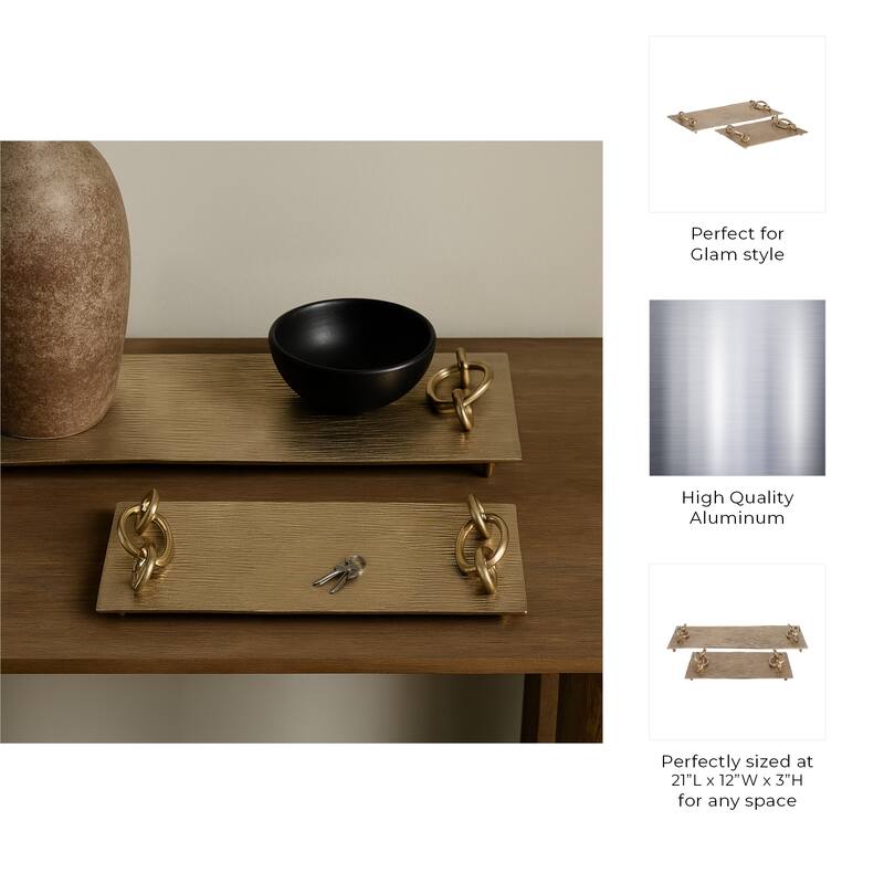 Decorative Metal Tray with Link Handles - Set of 2 - 21", 14", Gold