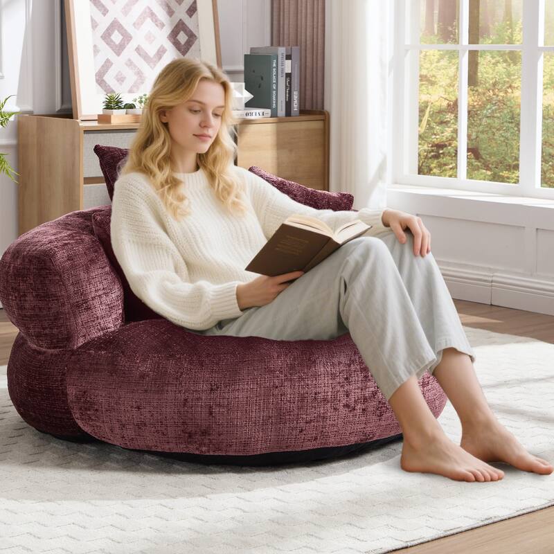 Chenille Upholstered Durable Comfort Lounger High Back Bean Bag Lazy Sofa With Three Pillows - Wine Red