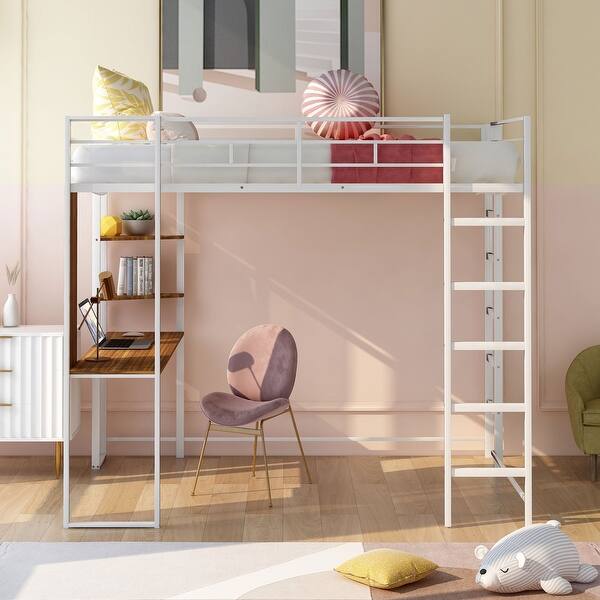 slide 2 of 15, Metal Loft Bed with 2 Shelves and one Desk White
