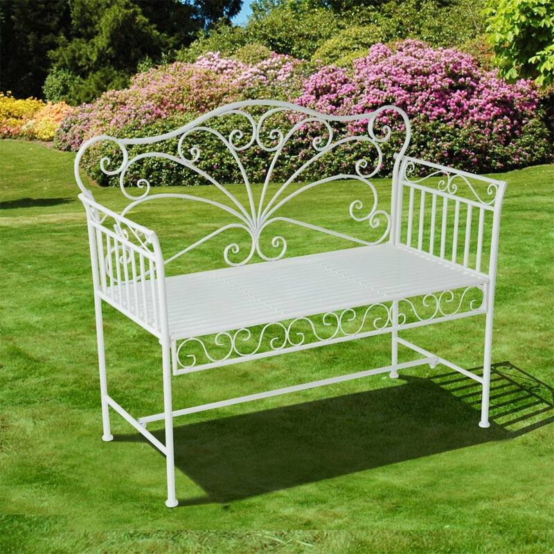 White Outdoor Garden Bench with Armrests for Patio - 44.75" L x 19.75" W x 37.75" H - White
