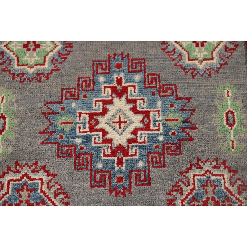 Gray Geometric Kazak Runner Rug Handmade Wool Carpet - 2'9" x 9'7"