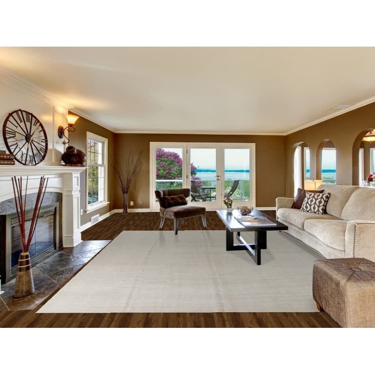 Hand Woven Oriental Cotton Carpet Modern Solid Beige & Ivories Kilim Area Rug - 12' 4'' X 9' 9''