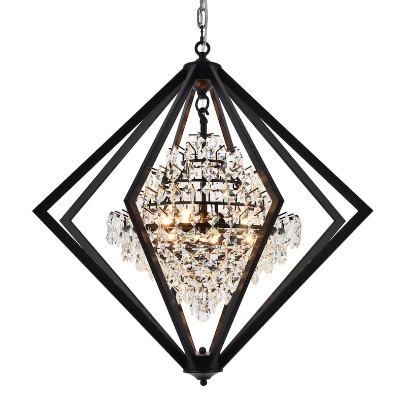4-Light Black Diamond Cage Chandelier With Clear Hanging Crystals