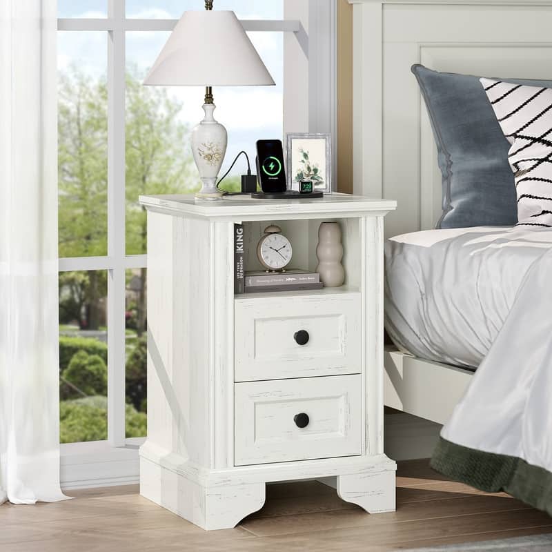 Washed White Nightstand with 2 Drawers, Shelf & US Power Outlet - White